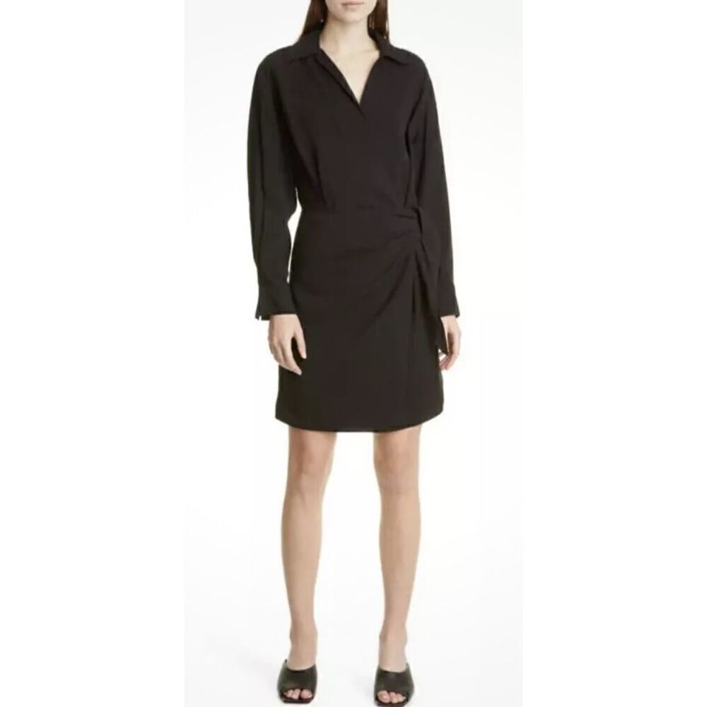 VINCE Long Sleeve Wrap Front Shirt Dress in Black Hammered Weave NWT Size XL
